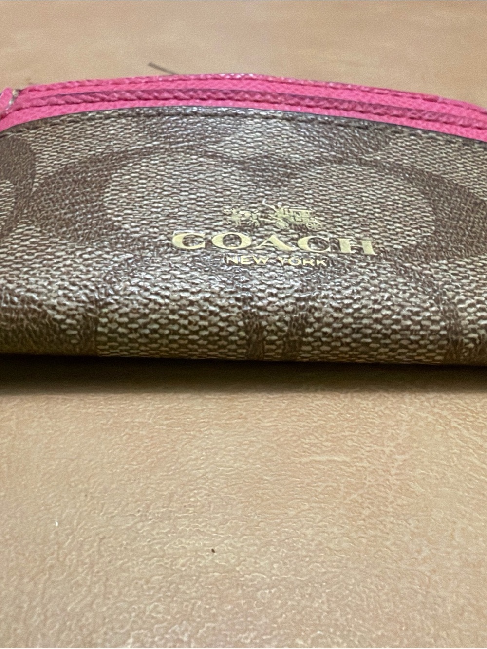 Coach Brown Signature Canvas Credit card ID wallet with Pink Trim Minimalist